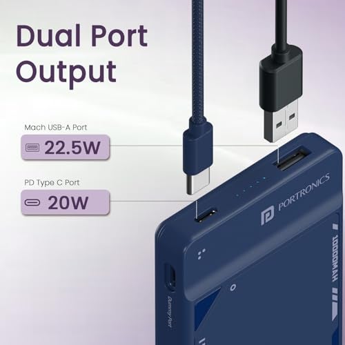 Portronics Luxcell Uno 10K 10000 mAh 22.5W Fast Charging Power Bank with Detachable Type C Cable, Ultra Slim Power Bank with Mach USB-A Output, Type C PD Output, Type C Input, Wake Up Button(Blue) - Image 4