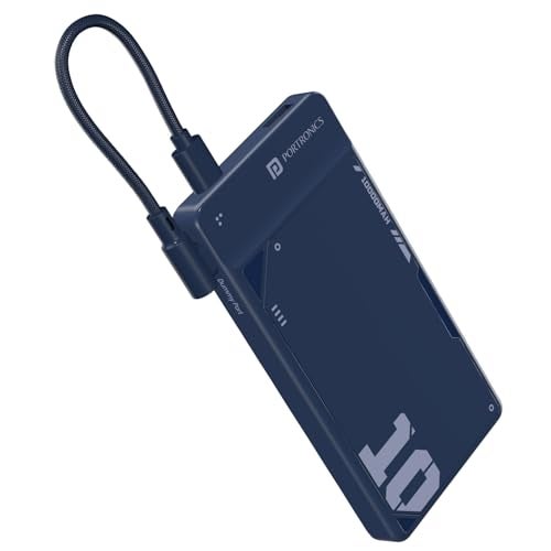 Portronics Luxcell Uno 10K 10000 mAh 22.5W Fast Charging Power Bank with Detachable Type C Cable, Ultra Slim Power Bank with Mach USB-A Output, Type C PD Output, Type C Input, Wake Up Button(Blue) - Image 1