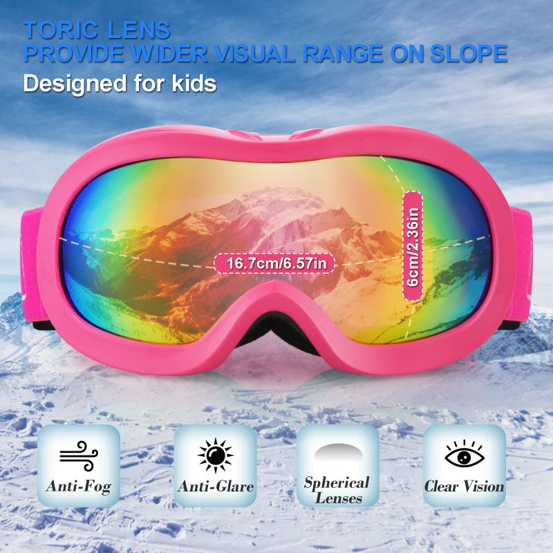 EXP VISION Kids Ski Goggles Anti-Fog Over Glasses Child Snowboard Goggles with UV Protection, Double-Layer Lenses Snow Goggles for Boys Girl Youth (Pink Frame/Pink Lens) - Image 2