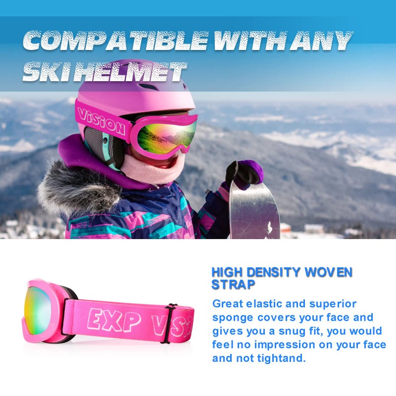 EXP VISION Kids Ski Goggles Anti-Fog Over Glasses Child Snowboard Goggles with UV Protection, Double-Layer Lenses Snow Goggles for Boys Girl Youth (Pink Frame/Pink Lens) - Image 5