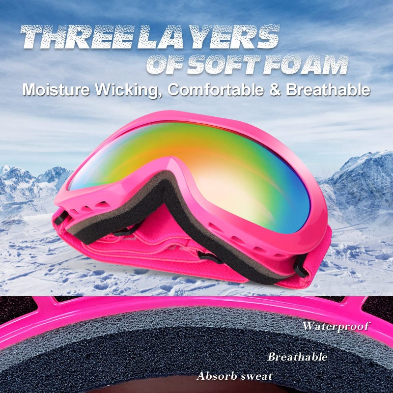 EXP VISION Kids Ski Goggles Anti-Fog Over Glasses Child Snowboard Goggles with UV Protection, Double-Layer Lenses Snow Goggles for Boys Girl Youth (Pink Frame/Pink Lens) - Image 4