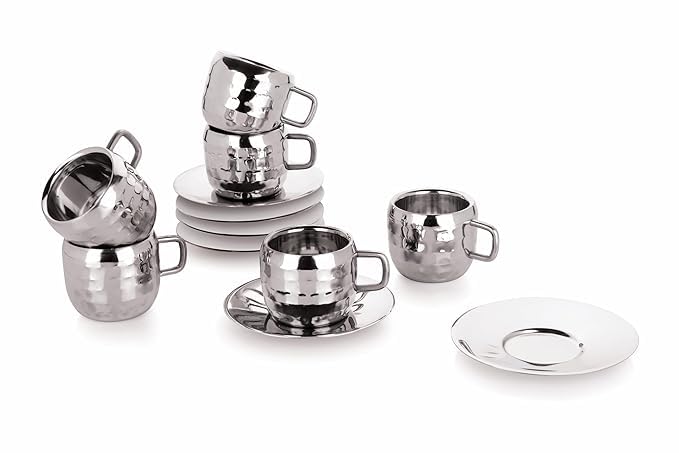 STEEPLE Stainless Steel Double Wall Steel Tea Cups Set of 6, Hammered Design | Coffee Mugs with 6 Plates Cold Outside Hot Inside (90ml, Each) - Image 3