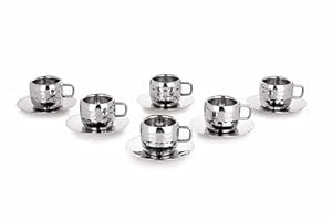 STEEPLE Stainless Steel Double Wall Steel Tea Cups Set of 6, Hammered Design | Coffee Mugs with 6 Plates Cold Outside Hot Inside (90ml, Each) - Image 4
