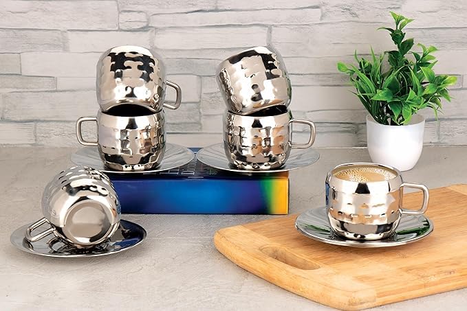 STEEPLE Stainless Steel Double Wall Steel Tea Cups Set of 6, Hammered Design | Coffee Mugs with 6 Plates Cold Outside Hot Inside (90ml, Each) - Image 2
