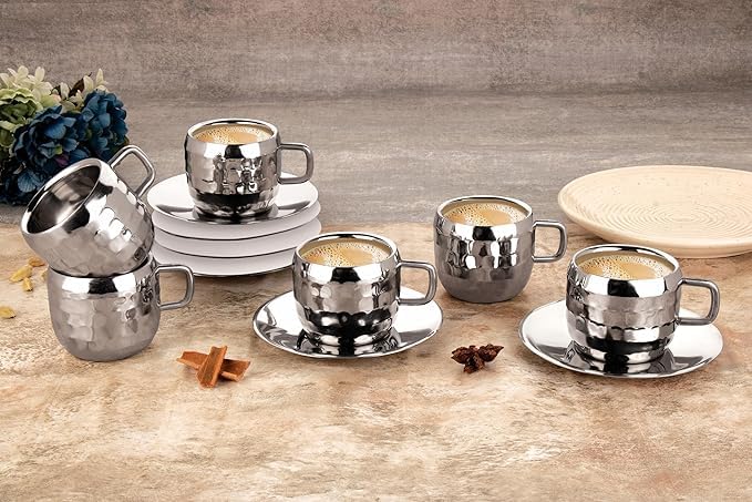 STEEPLE Stainless Steel Double Wall Steel Tea Cups Set of 6, Hammered Design | Coffee Mugs with 6 Plates Cold Outside Hot Inside (90ml, Each) - Image 1