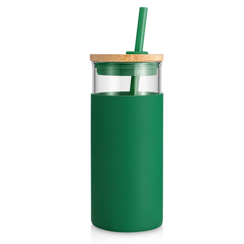 Tronco 20 oz Glass Tumbler with Lid and Straw, Iced Coffee Cup and Smoothie Cup with Bamboo Lids & Protective Silicone Sleeve, Dishwasher Safe, BPA-Free, Glass Cup 1 Pack - Image 1