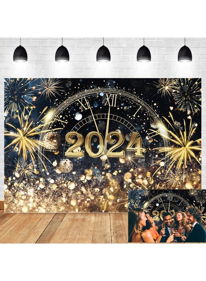DORCEV Happy New Year 2024 Photo Backdrop Banner 7X5Ft Black Gold New Year Decorations Countdown To New Year Photography Background Glitter Clock Gold Spots Fireworks Winter Family Party Supplies - Image 1