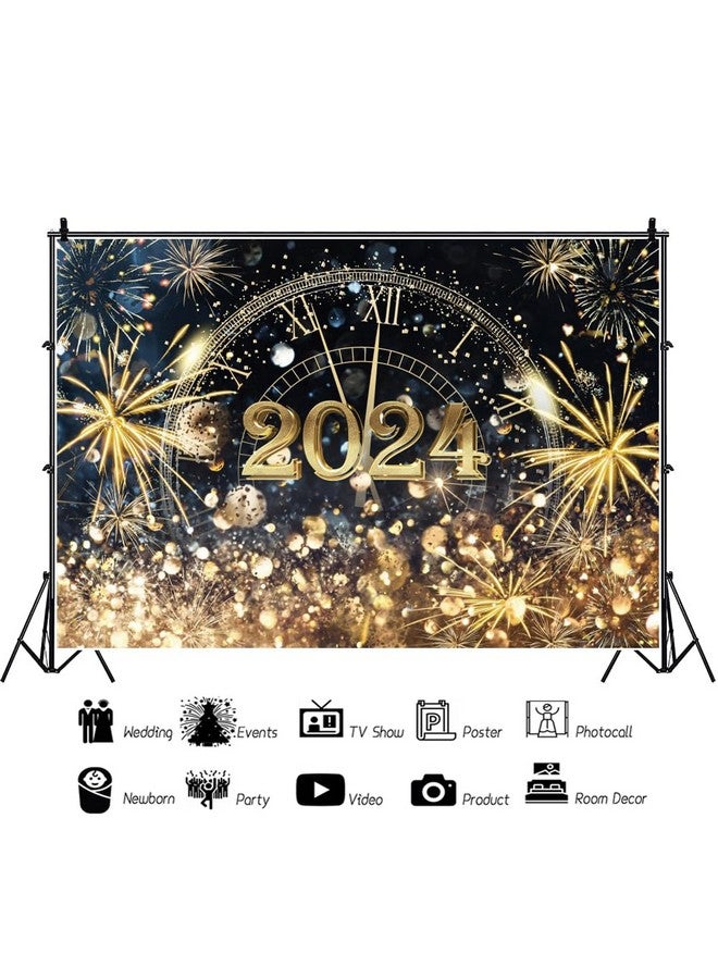 DORCEV Happy New Year 2024 Photo Backdrop Banner 7X5Ft Black Gold New Year Decorations Countdown To New Year Photography Background Glitter Clock Gold Spots Fireworks Winter Family Party Supplies - Image 4