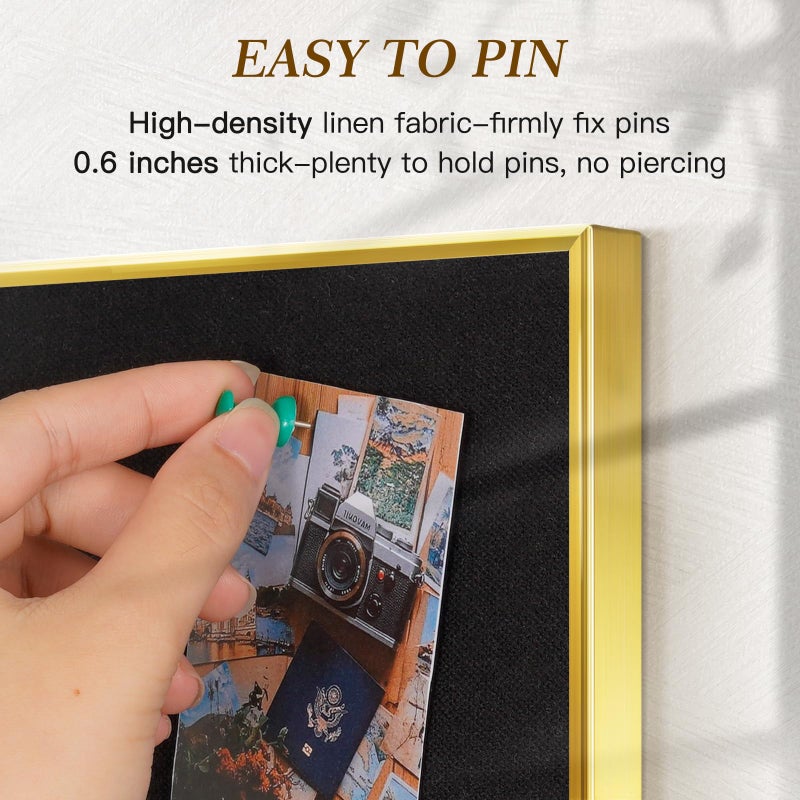 QUEENLINK Black Bulletin Board with Linen, 24"x18", Cork Boards for Walls with Gold Aluminum Frame, Hanging Pin Board Vision Board for Home Office Kitchen Room Decor, 10 Push Pins - Image 2