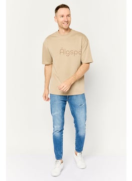 Algspar Men Crew Neck Short Sleeve Brand Logo T-Shirts, Beige  - Image 2