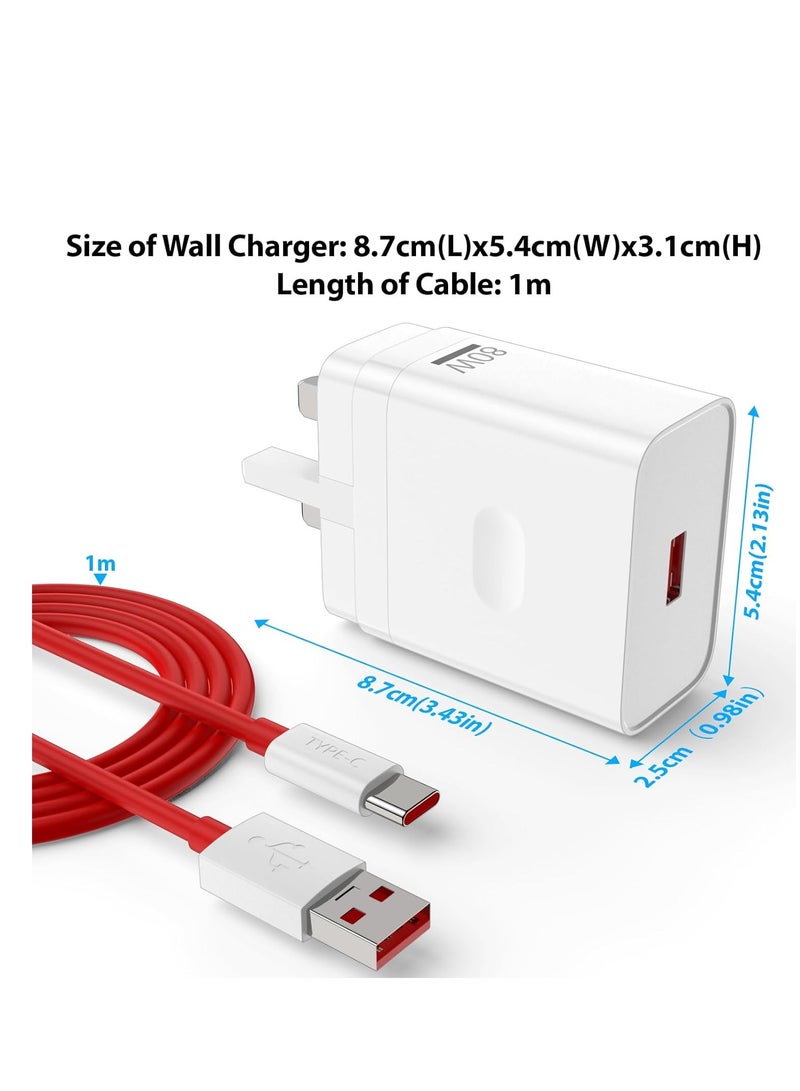 شاحن سوبر فوك 80 واط متوافق مع ون بلس 15 14 13 12 12R 11 10 9 برو نورد 4 5G، شاحن وورب 65 واط 30 واط ل ون بلس 10 9 برو 10T 10R 8T 8 7T 7 مع كابل شحن USB A إلى USB C بطول 3.3 قدم - Image 3