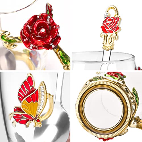 OEAGO Gifts for Women Mom Mothers Tea Cup Best Birthday Butterfly Rose Gifts for Her from Daughter Son Glass Coffee Christmas Enamels Mug Lead-Free with Spoon Set - Image 5