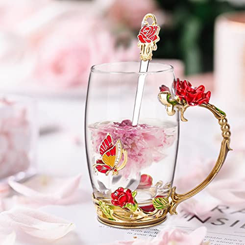 OEAGO Gifts for Women Mom Mothers Tea Cup Best Birthday Butterfly Rose Gifts for Her from Daughter Son Glass Coffee Christmas Enamels Mug Lead-Free with Spoon Set - Image 3