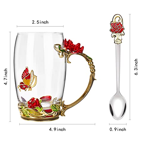 OEAGO Gifts for Women Mom Mothers Tea Cup Best Birthday Butterfly Rose Gifts for Her from Daughter Son Glass Coffee Christmas Enamels Mug Lead-Free with Spoon Set - Image 2