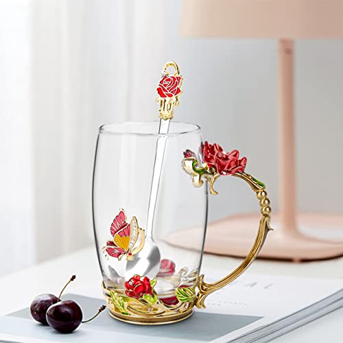 OEAGO Gifts for Women Mom Mothers Tea Cup Best Birthday Butterfly Rose Gifts for Her from Daughter Son Glass Coffee Christmas Enamels Mug Lead-Free with Spoon Set - Image 4