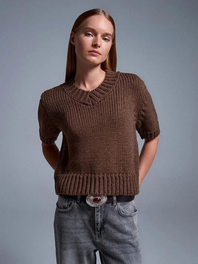 ديلفين Dilvin Women's V-Neck Ribbed Knit Jumper