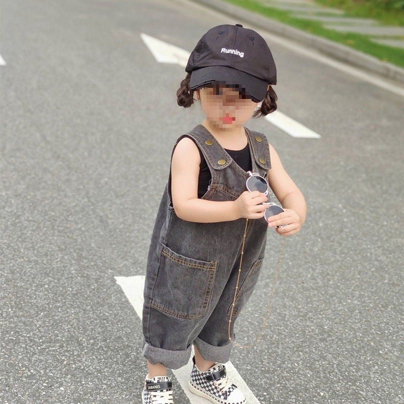 Children'S Pants Korean-Style 2023 Spring New Boys And Girls Retro Denim Sling Pants Baby Cute Big Pp Pants - Image 1