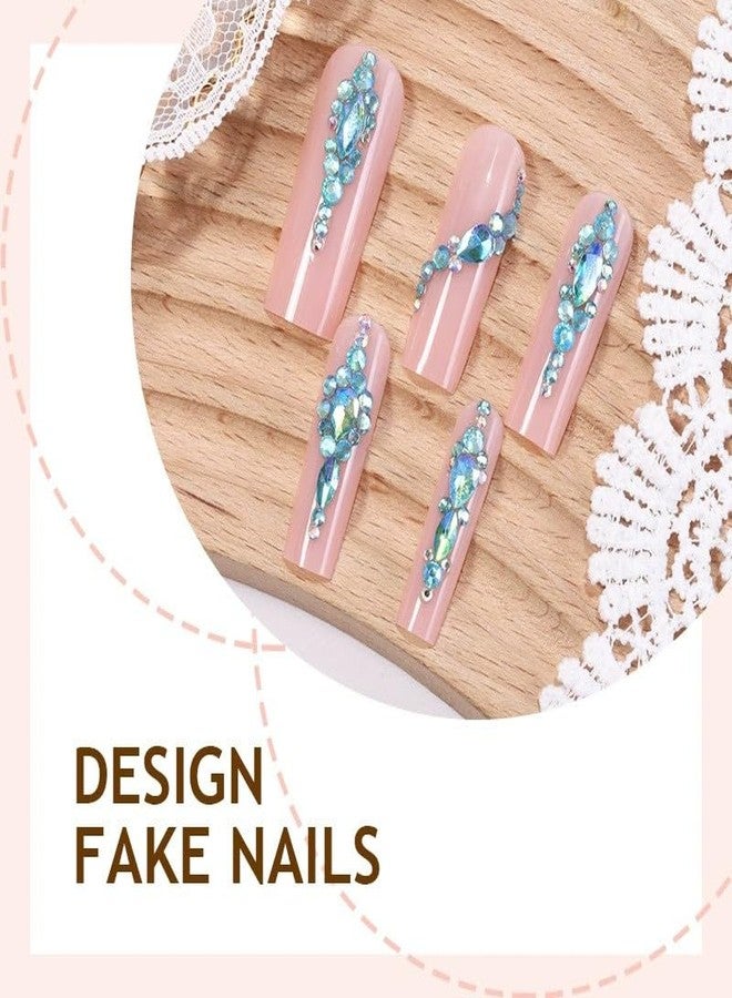 QQPPOLIU Coffin Press on Nails Long Square Shape - Luxurious Glue on Nail With Blue Rhinestones and Pink Base Design for Women - Spring and Summer Vacation Gift - p60104 - Image 3