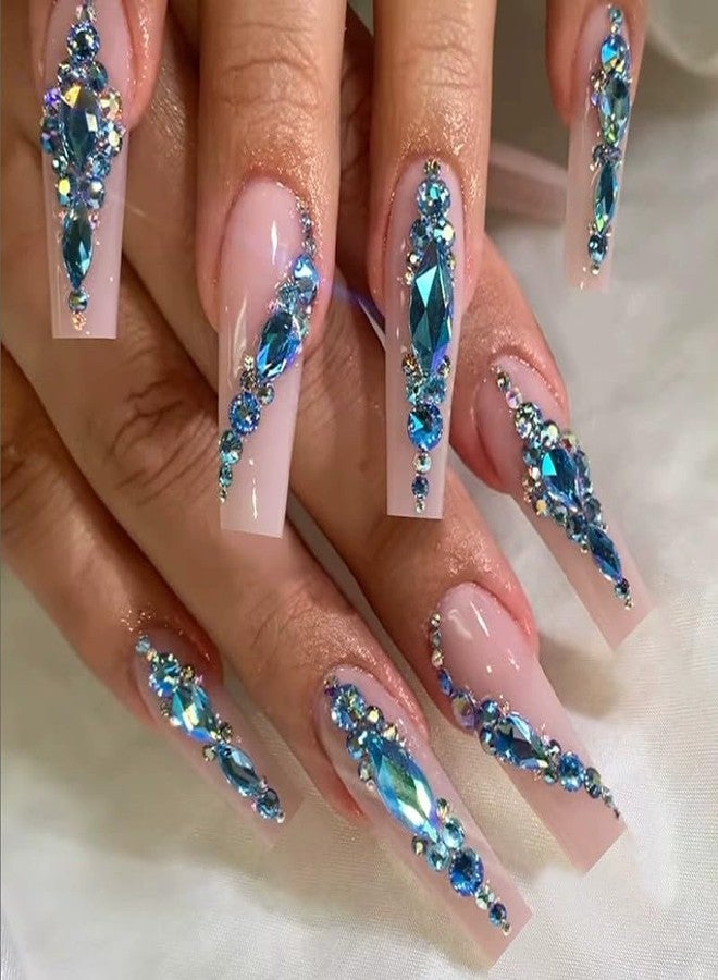 QQPPOLIU Coffin Press on Nails Long Square Shape - Luxurious Glue on Nail With Blue Rhinestones and Pink Base Design for Women - Spring and Summer Vacation Gift - p60104 - Image 1