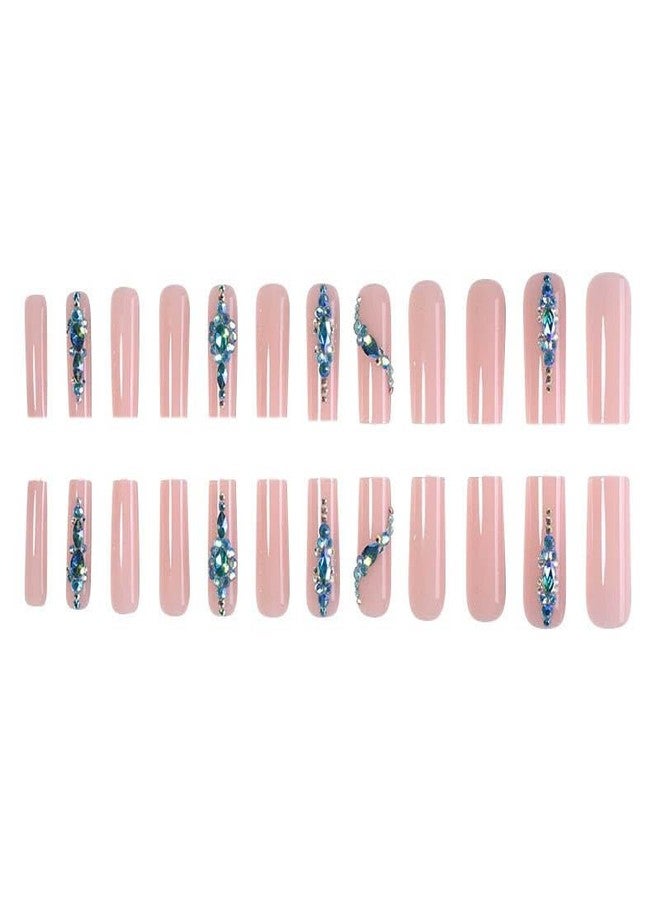 QQPPOLIU Coffin Press on Nails Long Square Shape - Luxurious Glue on Nail With Blue Rhinestones and Pink Base Design for Women - Spring and Summer Vacation Gift - p60104 - Image 2