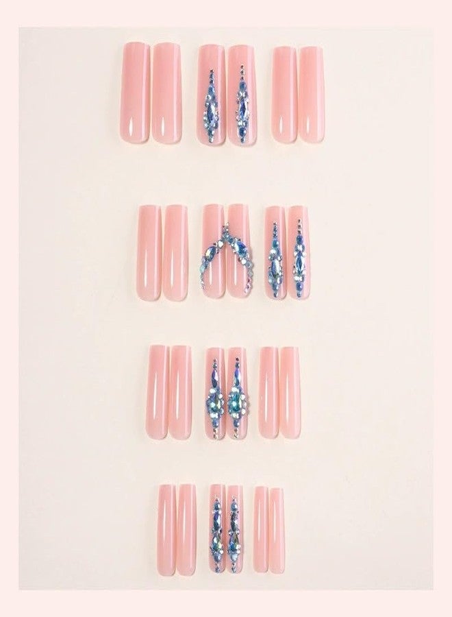 QQPPOLIU Coffin Press on Nails Long Square Shape - Luxurious Glue on Nail With Blue Rhinestones and Pink Base Design for Women - Spring and Summer Vacation Gift - p60104 - Image 4