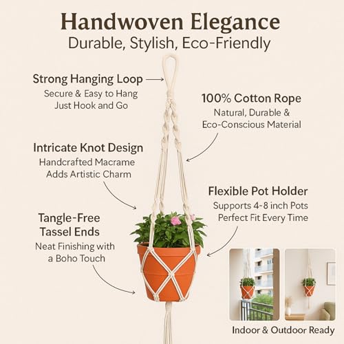 ecofynd Macrame Plant Hanger [Without Pot] | Rope Flower Pot Holder for Indoor Outdoor Balcony Garden Wall | Home Decor Basket Hanger (3 Pack, M1) - Image 2