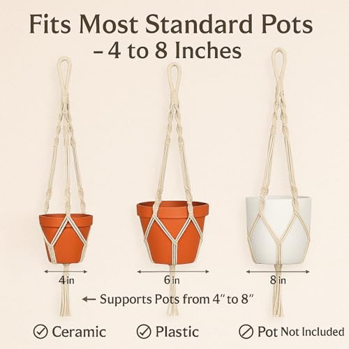 ecofynd Macrame Plant Hanger [Without Pot] | Rope Flower Pot Holder for Indoor Outdoor Balcony Garden Wall | Home Decor Basket Hanger (3 Pack, M1) - Image 5