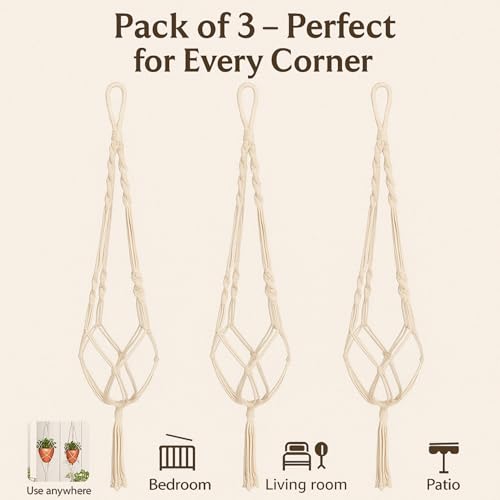 ecofynd Macrame Plant Hanger [Without Pot] | Rope Flower Pot Holder for Indoor Outdoor Balcony Garden Wall | Home Decor Basket Hanger (3 Pack, M1) - Image 3