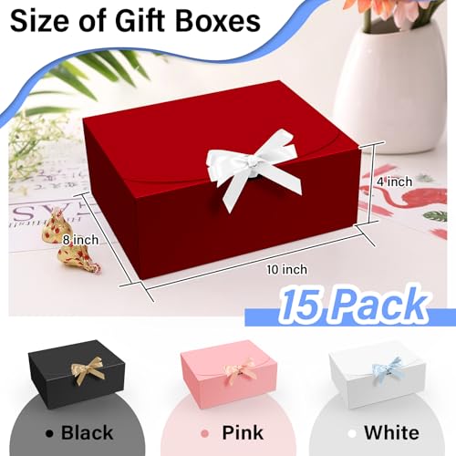 PEKGRIL 15 PCs Gift Boxes with Lids, Red 10X8X4 Inch Gift Boxes, Bridesmaid Proposal Box with Ribbon, Kraft Paper Boxes for Wedding, Packaging, Present, Birthday, Christmas, Party - Image 2