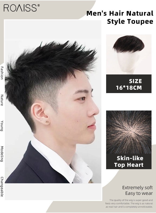 roaiss Men's Hair Toupee with Airplane Style, Natural Black Hair Pieces Short Wig Real Human Hair Topper Clip for Male for Covering White or Loss Hair, Hair Extensions Daily Wear (18x16cm)  - Image 1