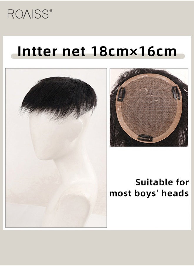 roaiss Men's Hair Toupee with Airplane Style, Natural Black Hair Pieces Short Wig Real Human Hair Topper Clip for Male for Covering White or Loss Hair, Hair Extensions Daily Wear (18x16cm)  - Image 4