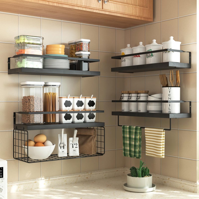 LUDORU Black Wood Floating Shelves Wall Mounted - 3+1 Tier Rustic Bathroom Wall Shelves Over Toilet with Wire Storage Basket and Towel Bar, set of 4 Farmhouse Floating Shelf for Bathroom, Kitchen, Bedroom. - Image 5