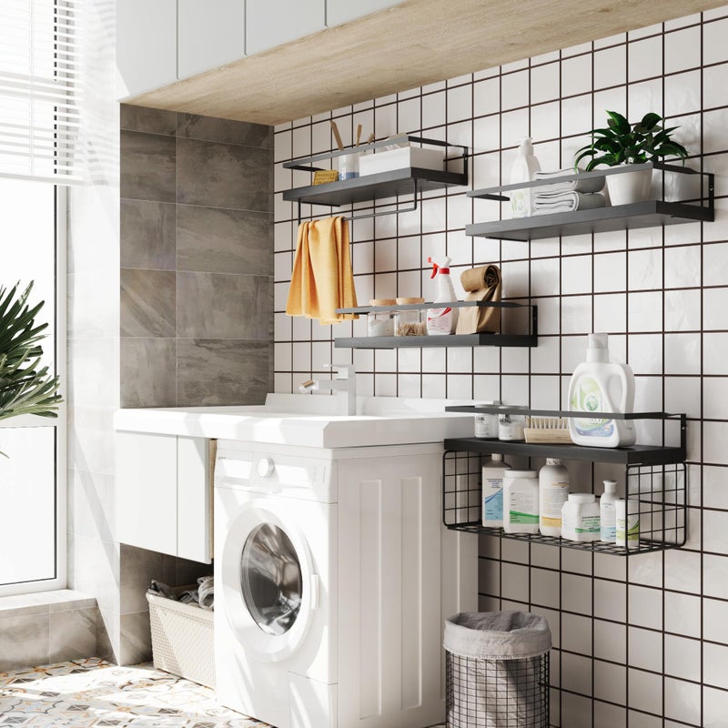 LUDORU Black Wood Floating Shelves Wall Mounted - 3+1 Tier Rustic Bathroom Wall Shelves Over Toilet with Wire Storage Basket and Towel Bar, set of 4 Farmhouse Floating Shelf for Bathroom, Kitchen, Bedroom. - Image 4