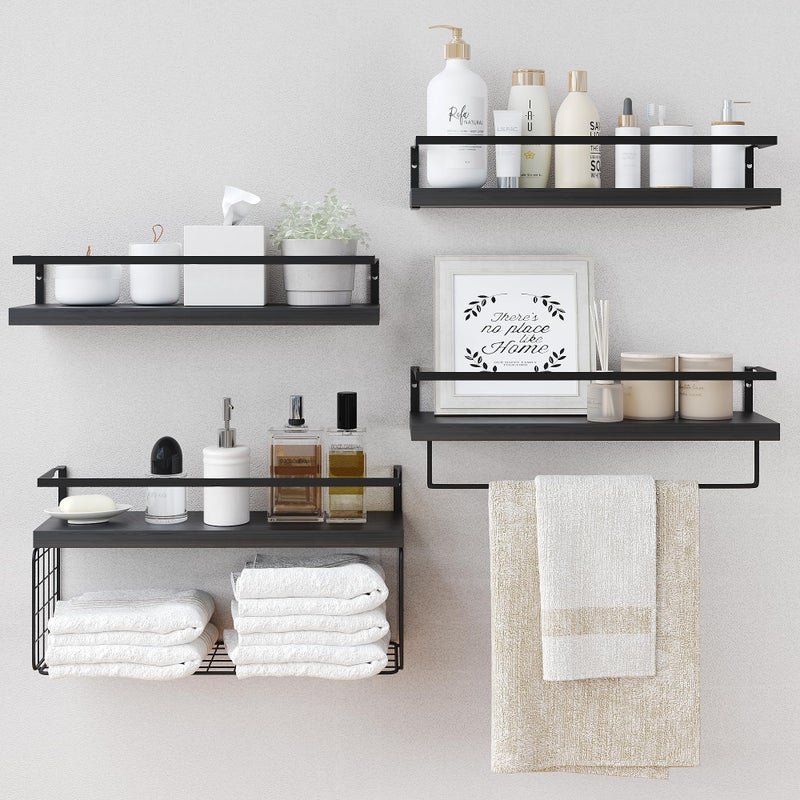 LUDORU Black Wood Floating Shelves Wall Mounted - 3+1 Tier Rustic Bathroom Wall Shelves Over Toilet with Wire Storage Basket and Towel Bar, set of 4 Farmhouse Floating Shelf for Bathroom, Kitchen, Bedroom. - Image 1
