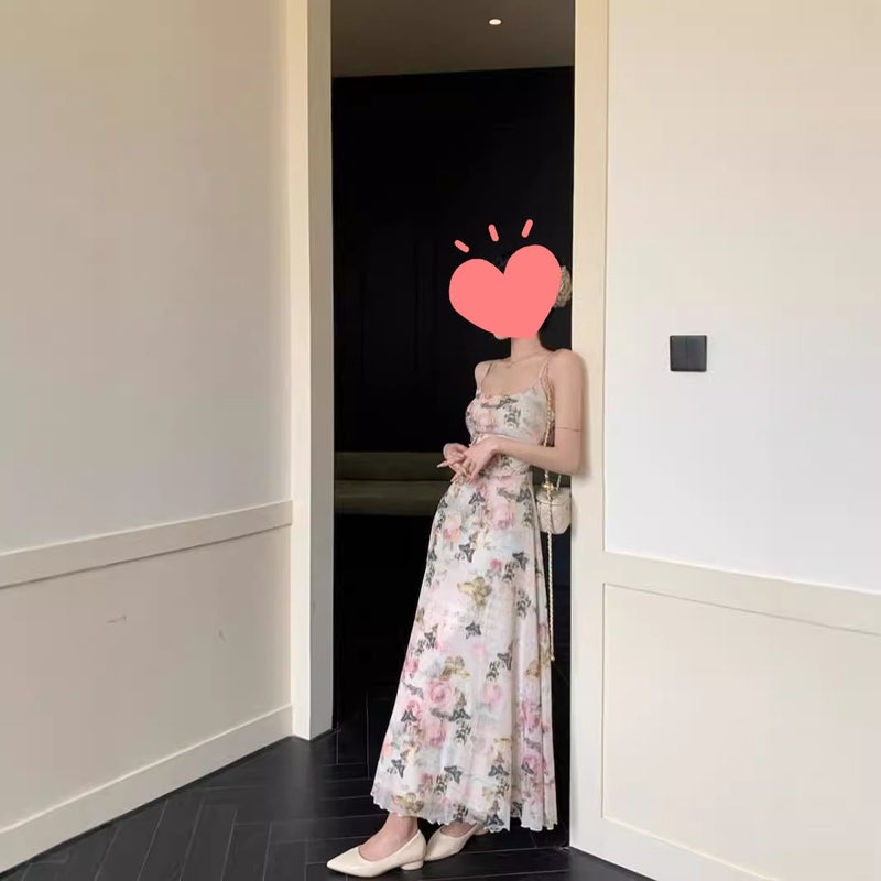 2024 New Tea Color and Fragrance Pure Desire Flower dress Womens Summer Butterfly Printed Waist Strap Dress Long Dress Apricot 2335 ] 