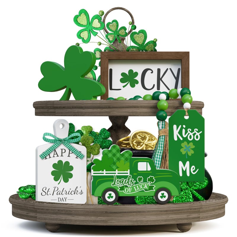 Tovwei St. Patrick's Day Tiered Tray Decor set - 5 Pcs Shamrock Wooden Signs Lucky Decor Bead Garland, St. Patricks Day Decorations for Home Kitchen Table Party Decorations - Image 1