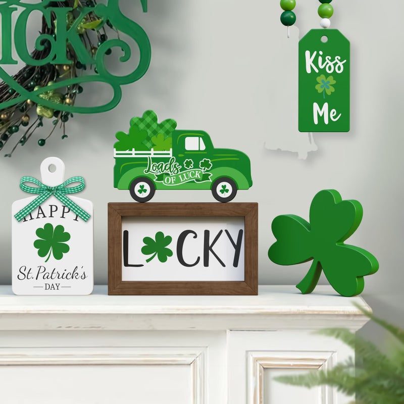 Tovwei St. Patrick's Day Tiered Tray Decor set - 5 Pcs Shamrock Wooden Signs Lucky Decor Bead Garland, St. Patricks Day Decorations for Home Kitchen Table Party Decorations - Image 5
