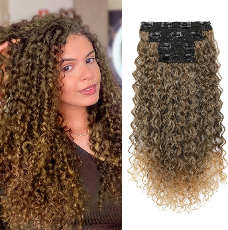 Flufymooz Clip in Hair Extensions, 4PC 100％ Pure Protein Silk Hair Extensions Long Soft Natural Hairpiece 20 Inch Curly Hair Extension for Women (Medium Golden Brown to Blonde) - Image 1