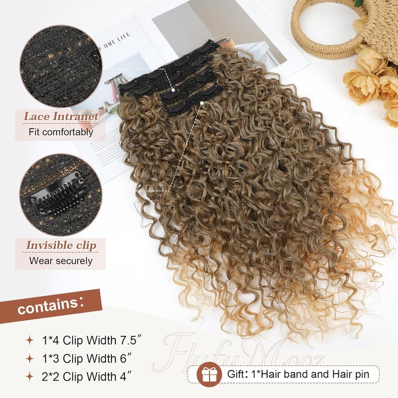 Flufymooz Clip in Hair Extensions, 4PC 100％ Pure Protein Silk Hair Extensions Long Soft Natural Hairpiece 20 Inch Curly Hair Extension for Women (Medium Golden Brown to Blonde) - Image 4