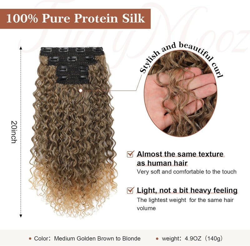 Flufymooz Clip in Hair Extensions, 4PC 100％ Pure Protein Silk Hair Extensions Long Soft Natural Hairpiece 20 Inch Curly Hair Extension for Women (Medium Golden Brown to Blonde) - Image 2