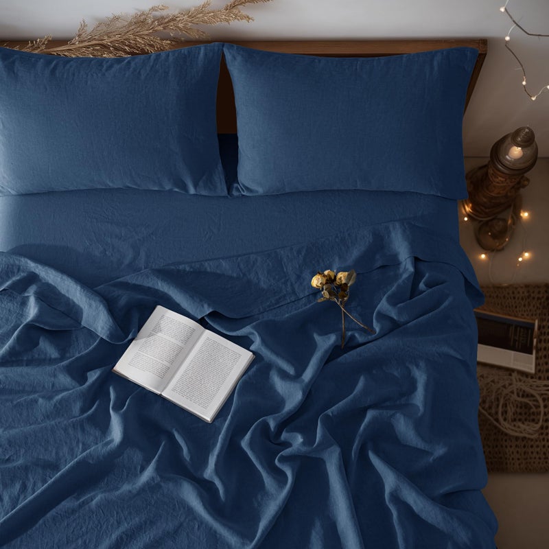 LBRO2M 100 Pure Linen Sheet Set Deep Pocket Up to 16 Bed Sheets Sets Natural Flax Beddings Soft Breathable Comfortable for All Seasons 4 Pcs Sheet Set King Size Navy Blue - Image 2