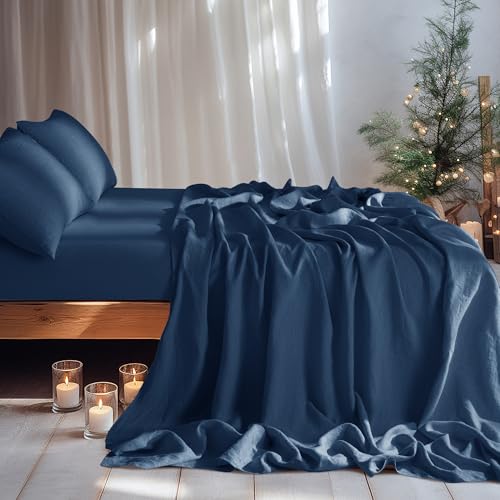 LBRO2M 100 Pure Linen Sheet Set Deep Pocket Up to 16 Bed Sheets Sets Natural Flax Beddings Soft Breathable Comfortable for All Seasons 4 Pcs Sheet Set King Size Navy Blue - Image 3