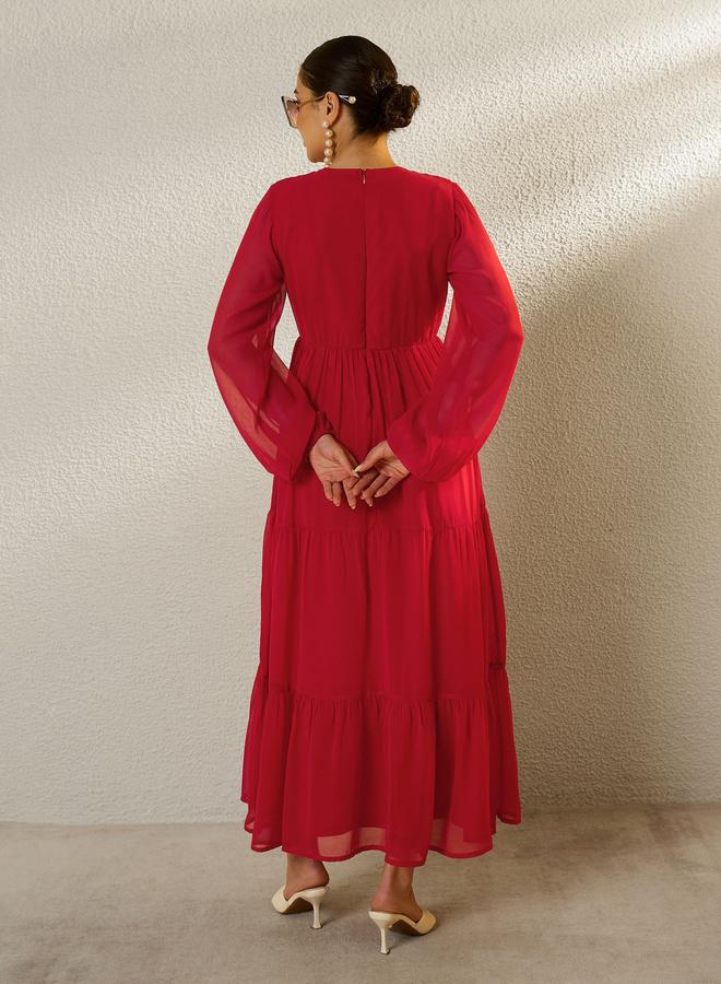 SASSAFRAS Red Tie-Up Neck Long Sleeve Tiered Maxi Dress - Image 5