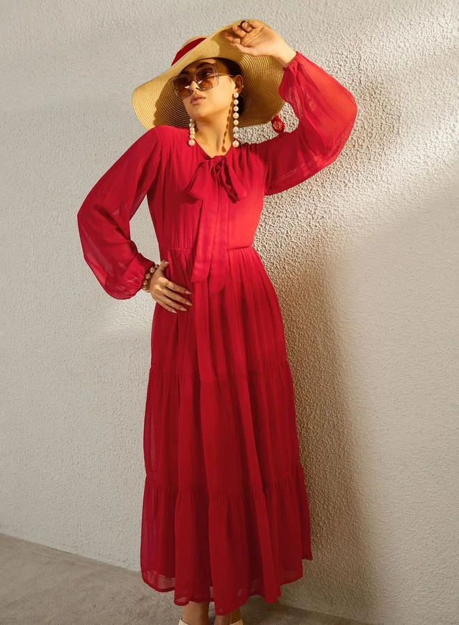 SASSAFRAS Red Tie-Up Neck Long Sleeve Tiered Maxi Dress