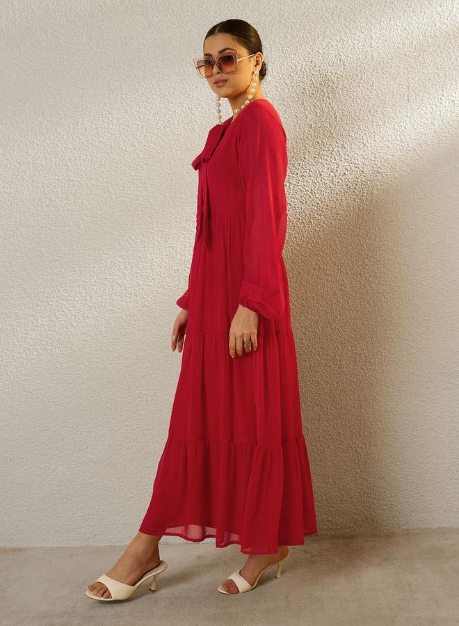 SASSAFRAS Red Tie-Up Neck Long Sleeve Tiered Maxi Dress - Image 3