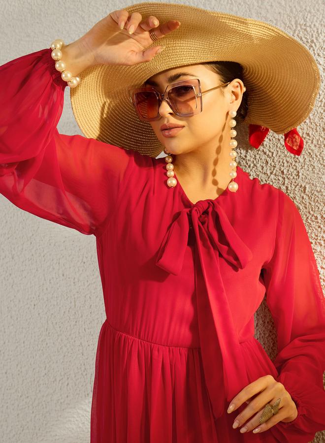 SASSAFRAS Red Tie-Up Neck Long Sleeve Tiered Maxi Dress - Image 4