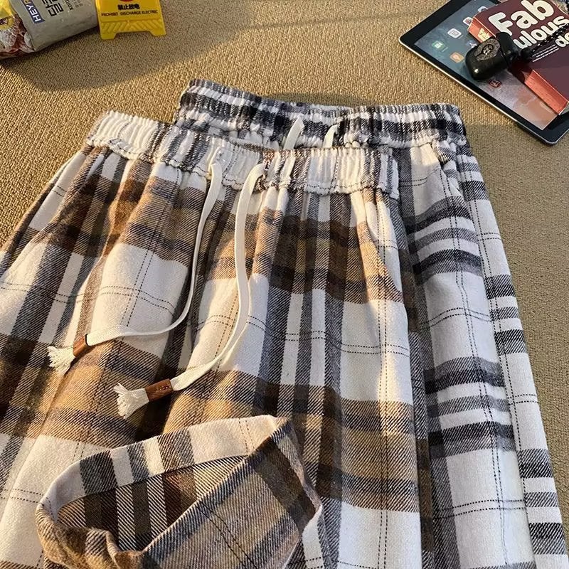 Japanese Style Retro Plaid Casual Pants Men'S And Women'S 2023 Lazy Style Walking Straight Ripped Wide Leg Pants - Image 2