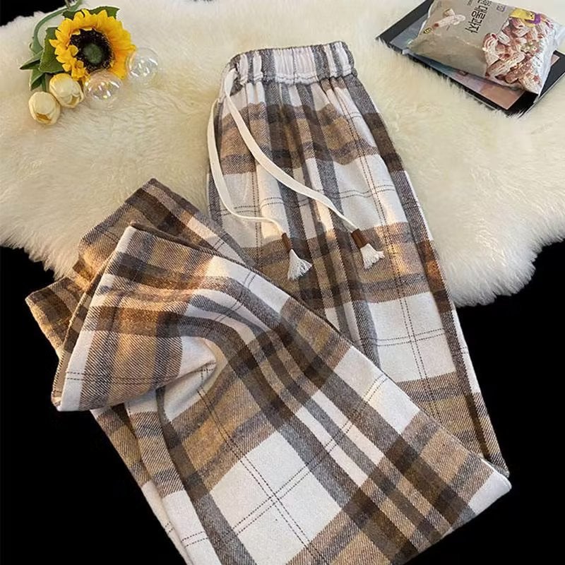 Japanese Style Retro Plaid Casual Pants Men'S And Women'S 2023 Lazy Style Walking Straight Ripped Wide Leg Pants - Image 4