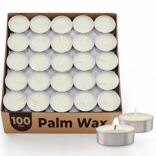 Ashlux Unscented Palm Tea Lights Candles 100 Pack Bulk, 4.5 Hours Long Burning White Tea Lights,Non-Paraffin, Smokeless, Mini Tealight Votive Candles for Wedding, Christmas Lights, Party, Christmas - Image 1