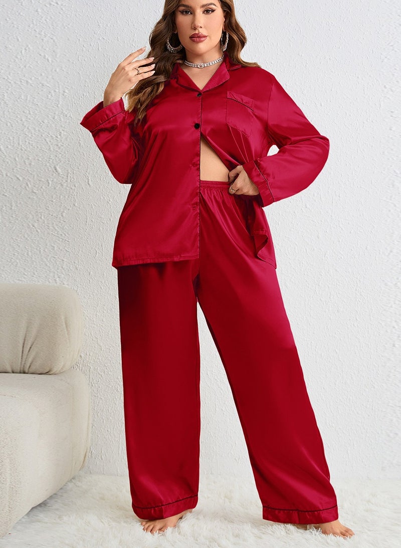 Loquat Women's Imitation Silk Large Size 2-Piece Set Nightgown Sleepwear Long Sleeve Lapel Top And Pants Soft Loungewear Pajamas Suit Red